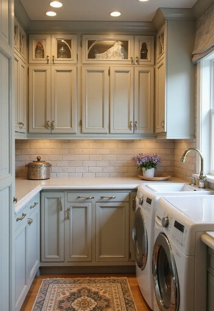 soft sage green shaker cabinets with antique brass hardware