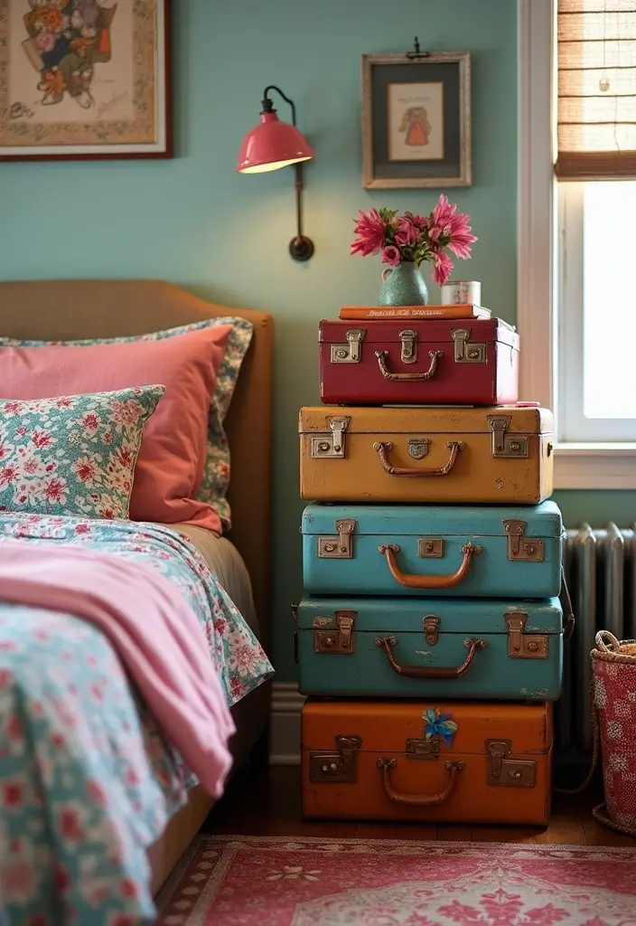 stacked vintage suitcases used as side table and storage
