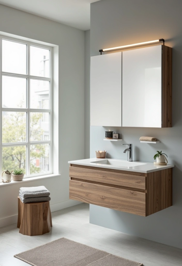 storage ottoman and mirror cabinet in small bathroom