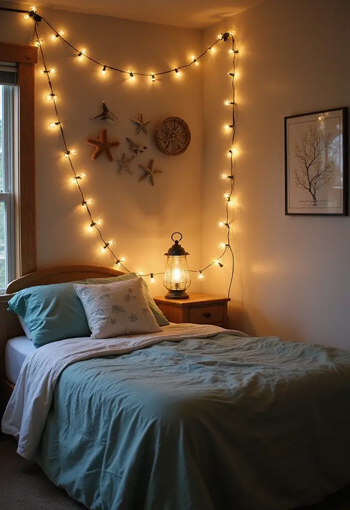 string lights and lantern on desk