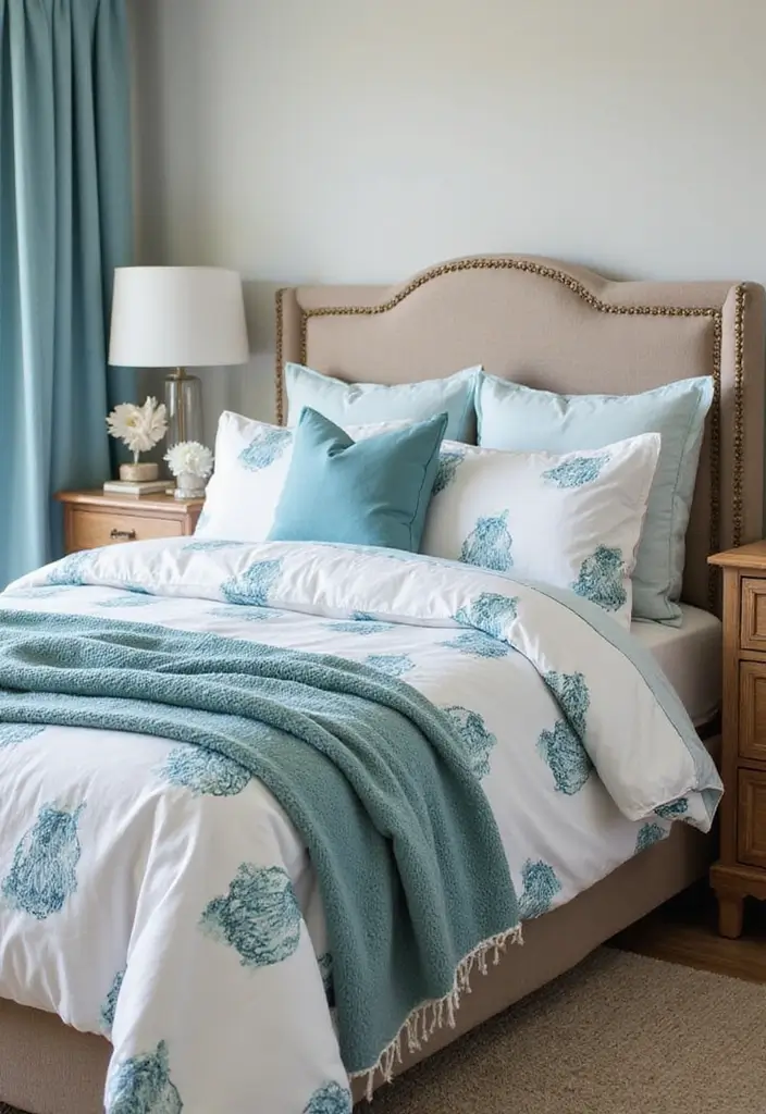 striped duvet and linen pillows on bed