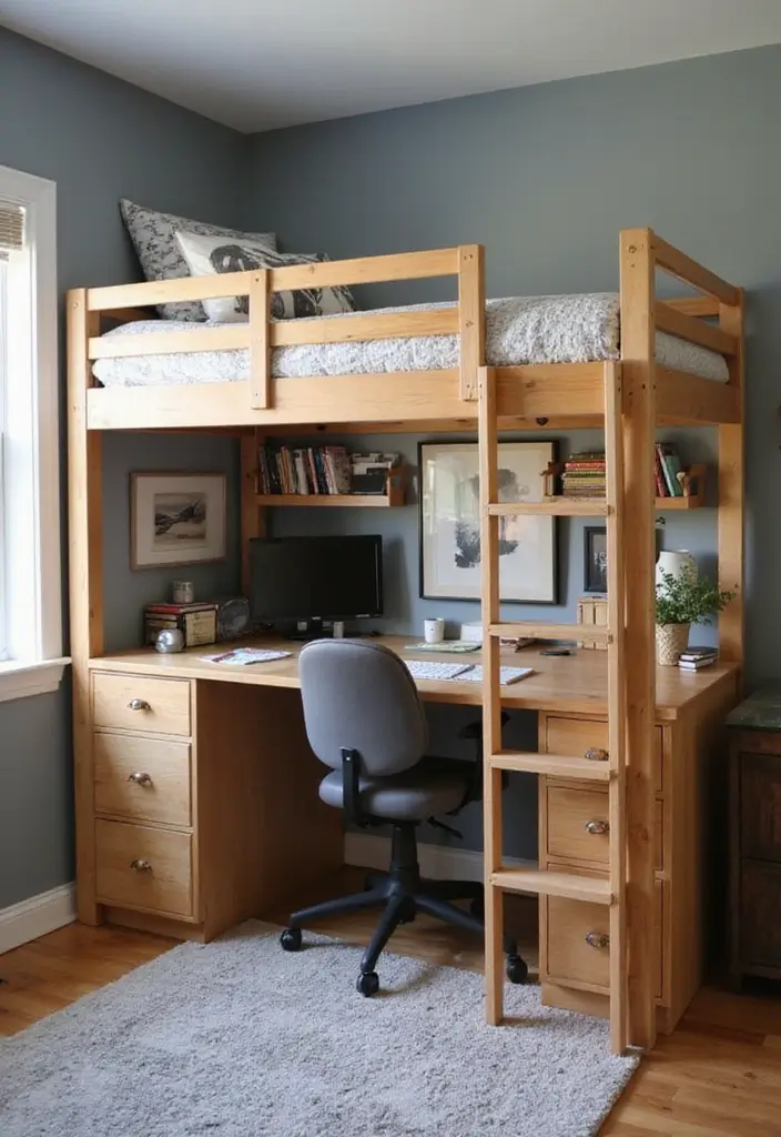 study loft with desk and shelves