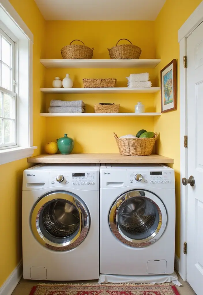 sunny laundry room painted in soft yellow with white trim and baskets