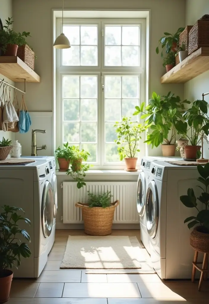 sunny laundry room with big window plants and cozy window seat