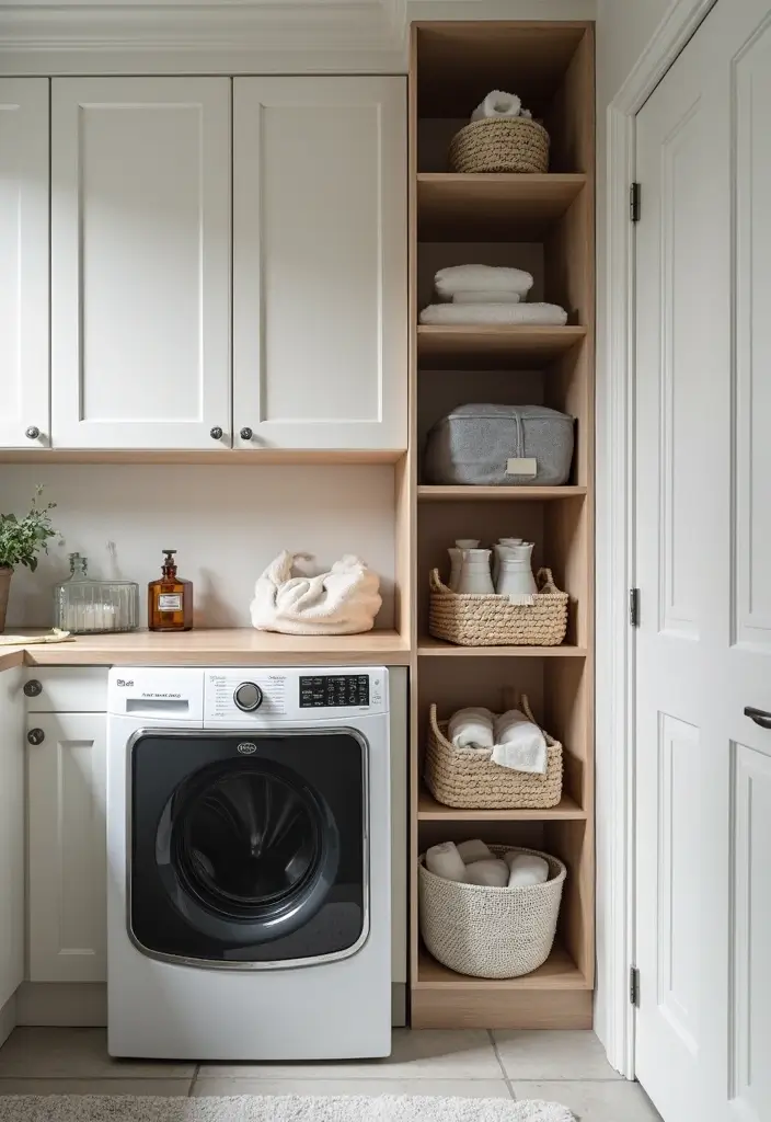 super skinny white pull-out cabinet tucked between washer and wall
