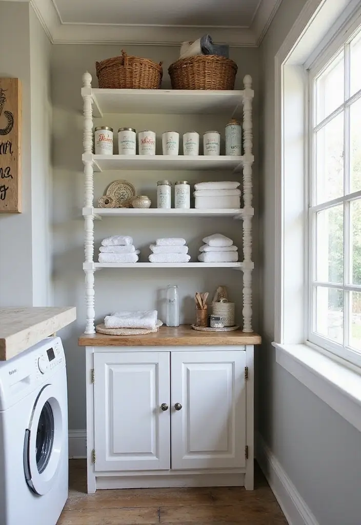 tall cabinets and wall shelves using vertical space in small laundry room