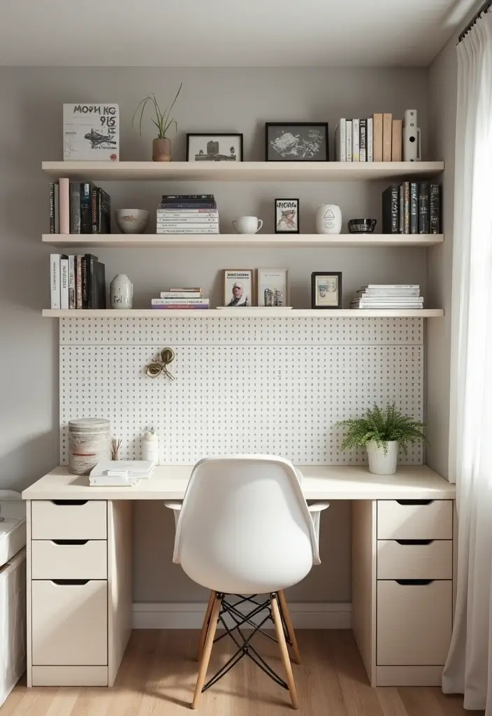 tall narrow shelves and pegboard on wall holding books and bags