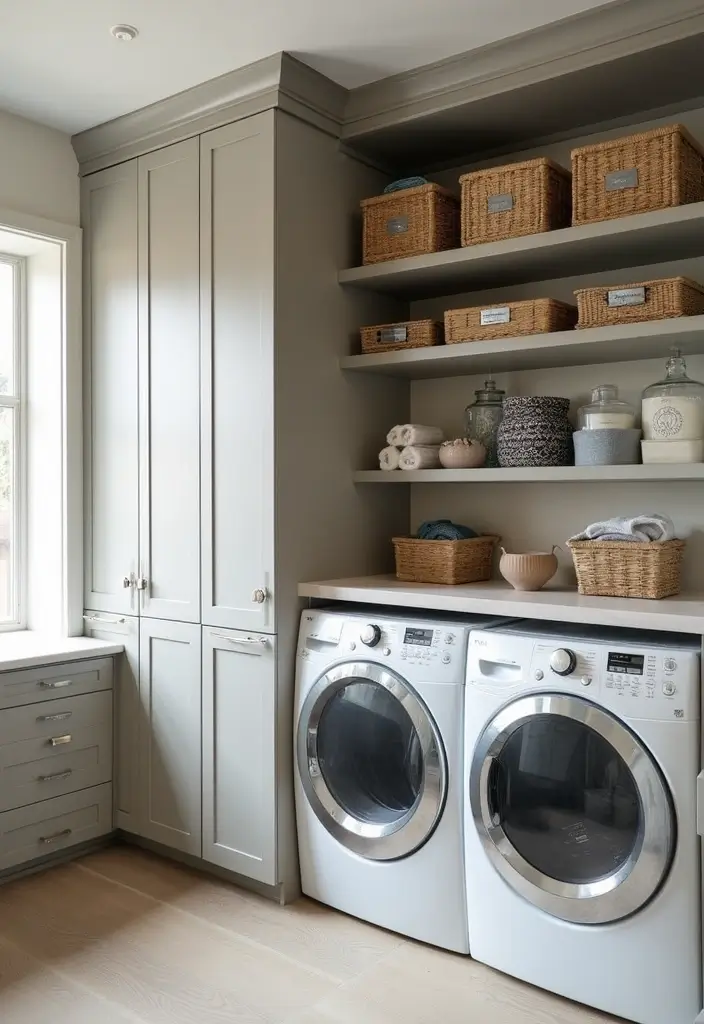 tall narrow white cabinets reaching the ceiling in a compact laundry nook
