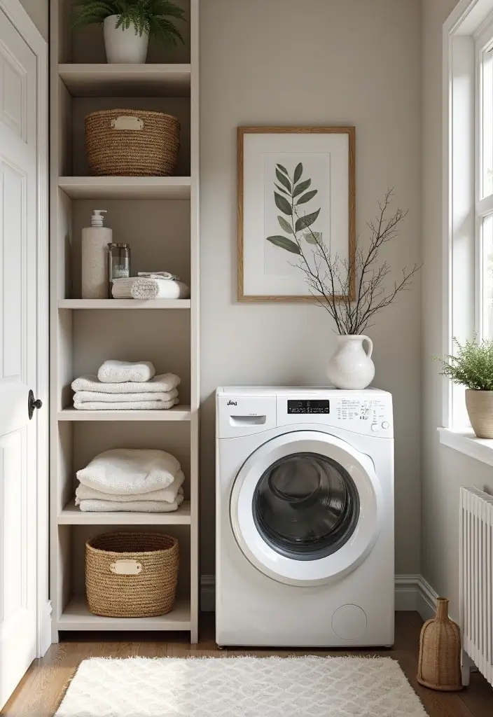 tall slim shelves holding detergents and baskets