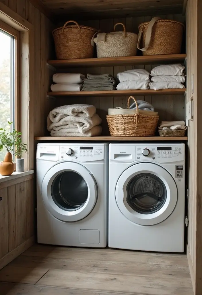 three labeled bins near washer