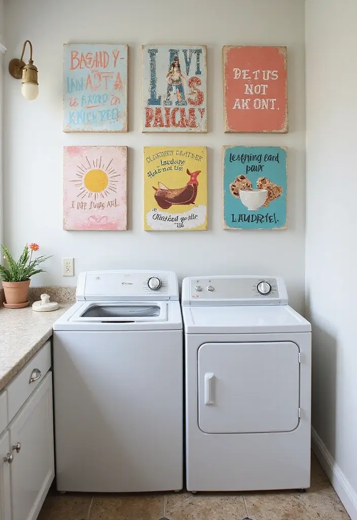 three painted canvases hanging in laundry room