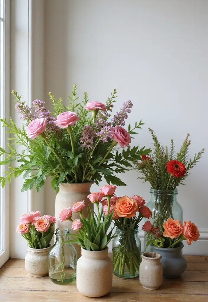 thrifted vases with pink roses and paper flowers