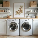 tiny laundry room with stacked washer dryer and shelves