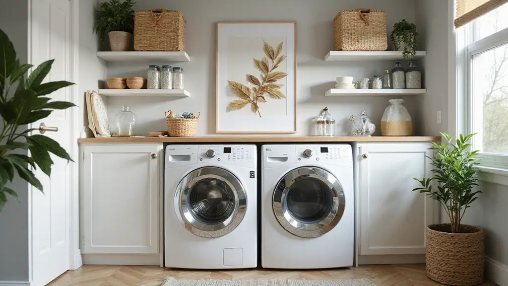 tiny laundry room with stacked washer dryer and shelves