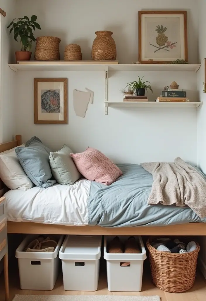 under-bed bins, wall shelves, and pegboard with organized items