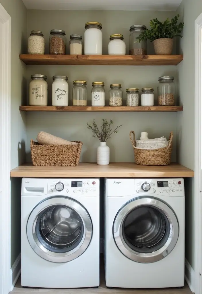 upcycled jars and pallet shelves in laundry