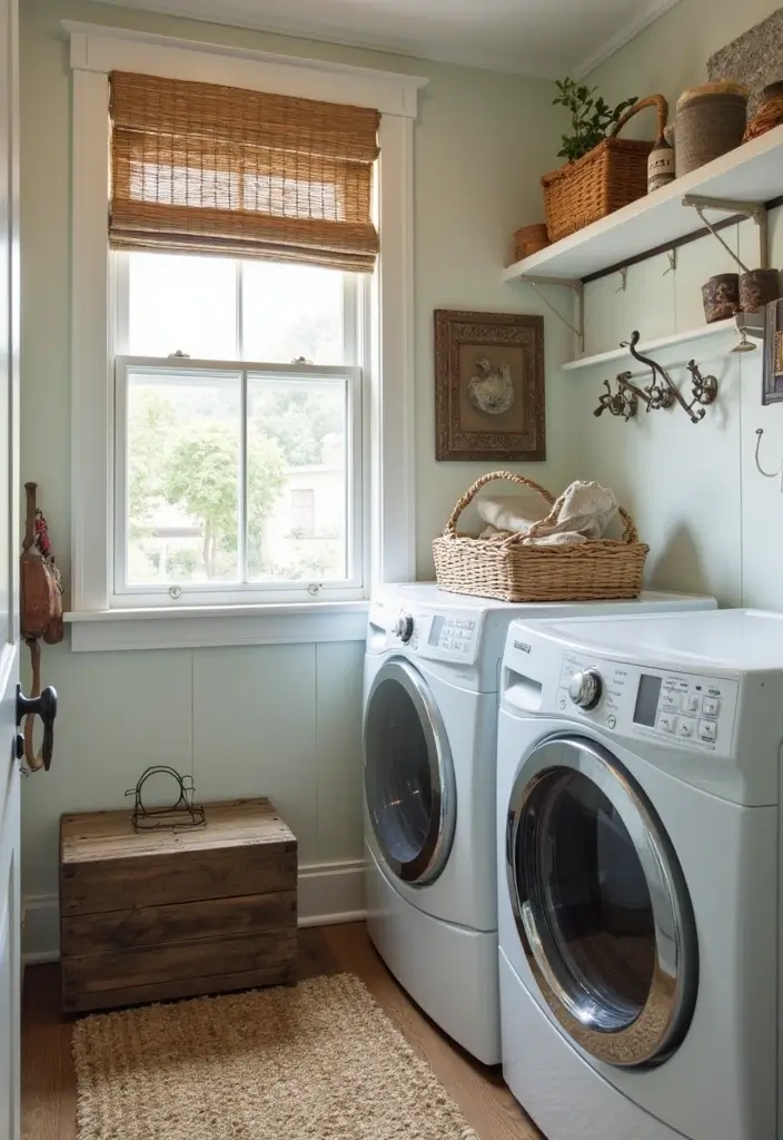 upcycled wood crate and vintage hooks in laundry corner