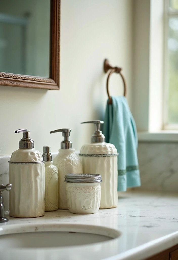 vintage glass jars and toiletries on bathroom shelf