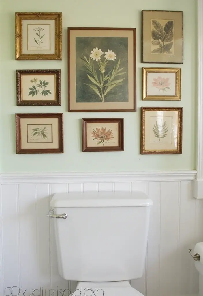 vintage wall art frames in bathroom