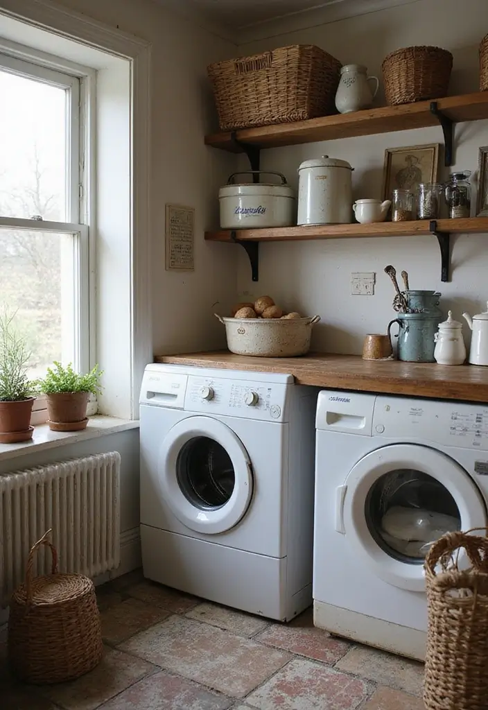 vintage washboard, enamel buckets, and old signs displayed in farmhouse laundry