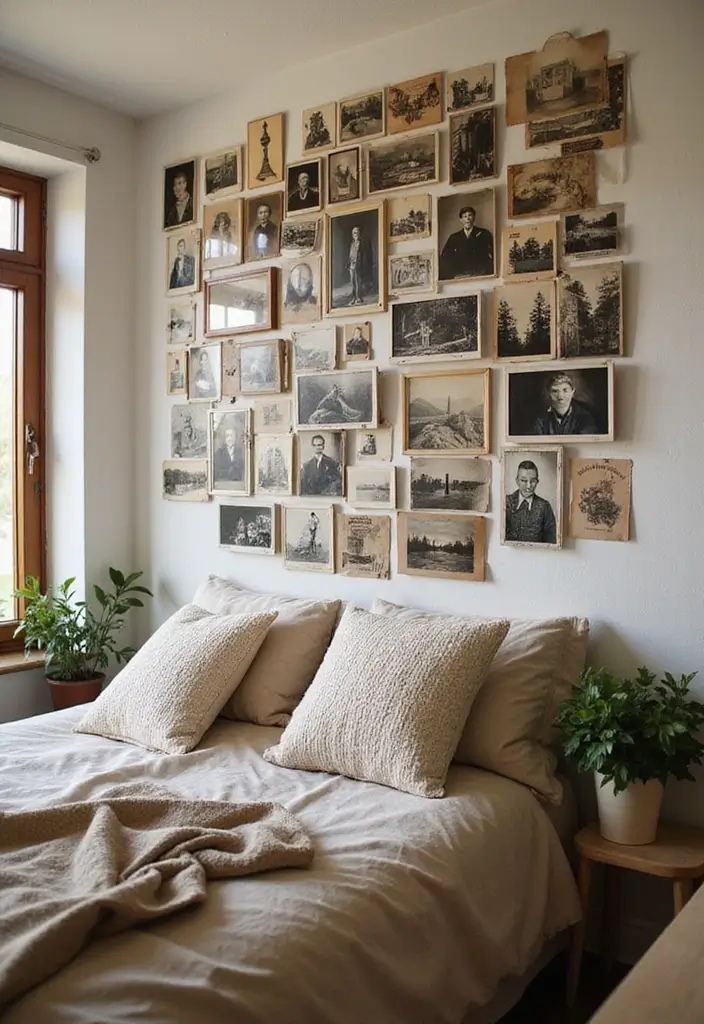 wall collage of old photos postcards and clips