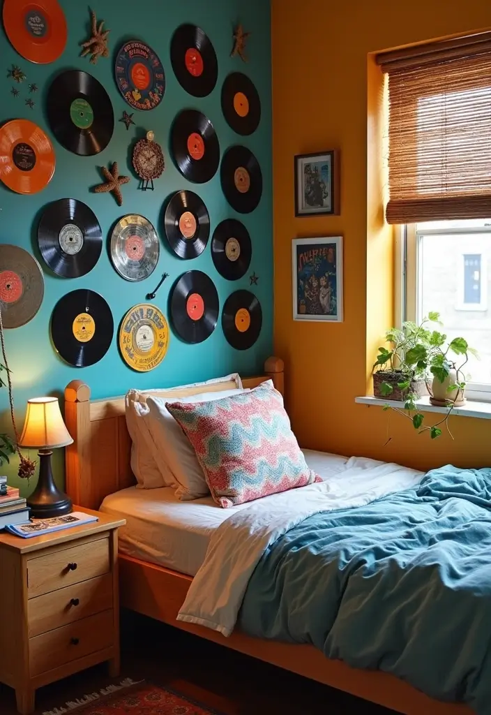 wall decorated with vintage vinyl records in grid pattern