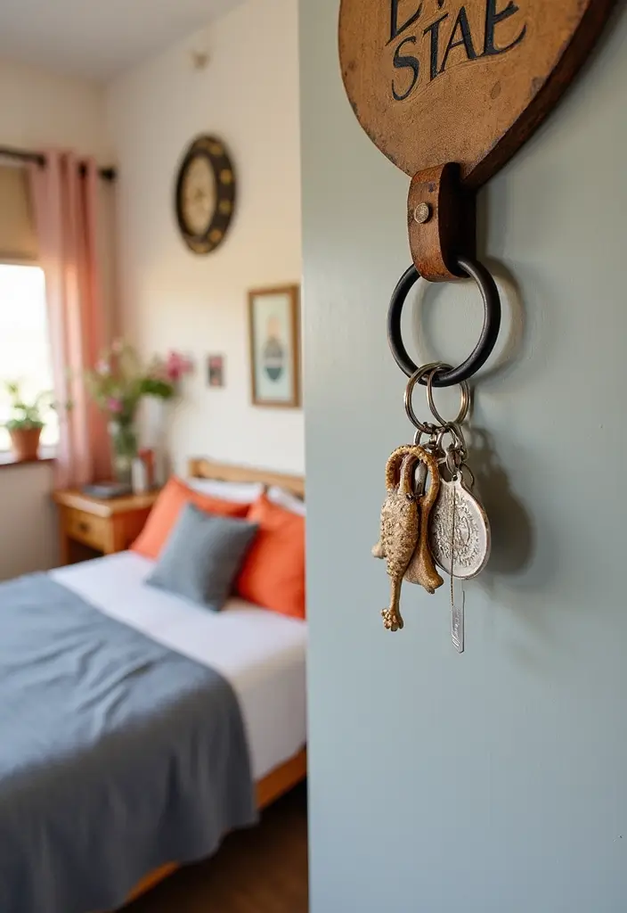 wall hooks with bags, keychains, and decorative coasters