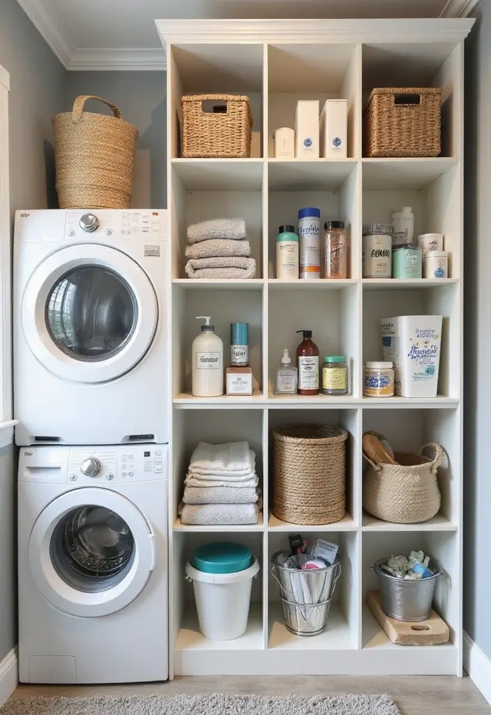 wall-mounted wooden cubby shelves filled with labeled fabric bins
