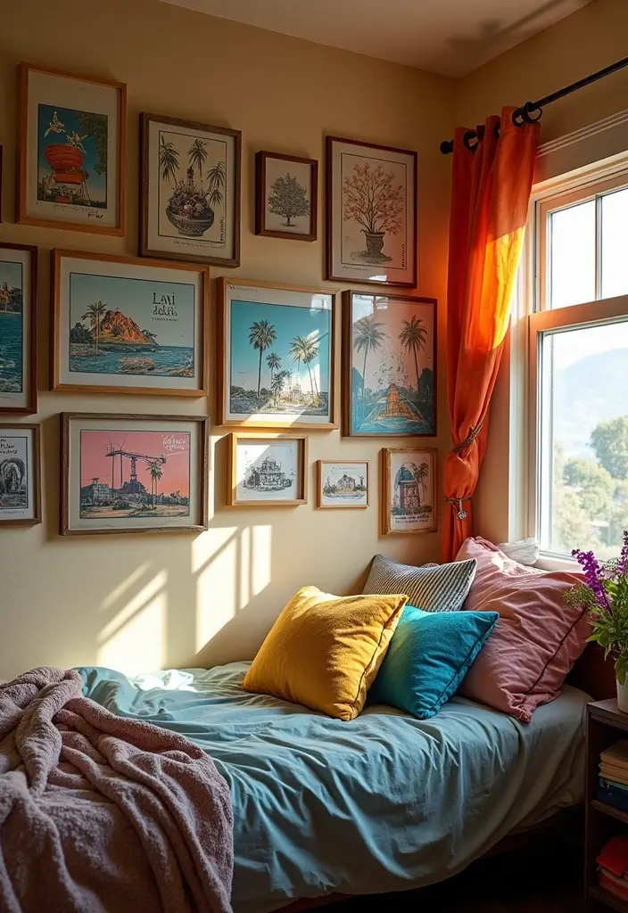 wall with botanical prints movie posters and retro ads