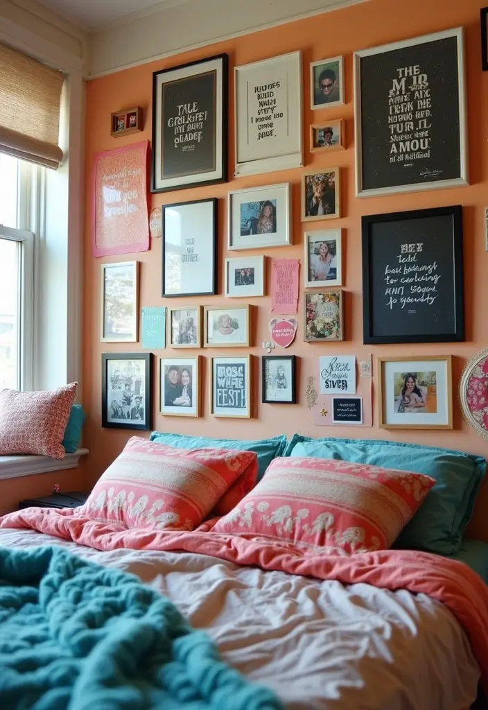 wall with mixed frames, photos, and quotes in pastel colors