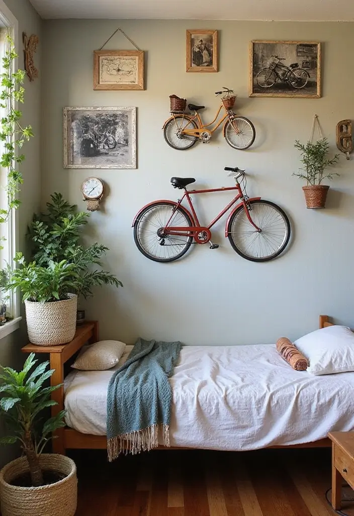 wall with vintage bicycle wheel print and decor accents