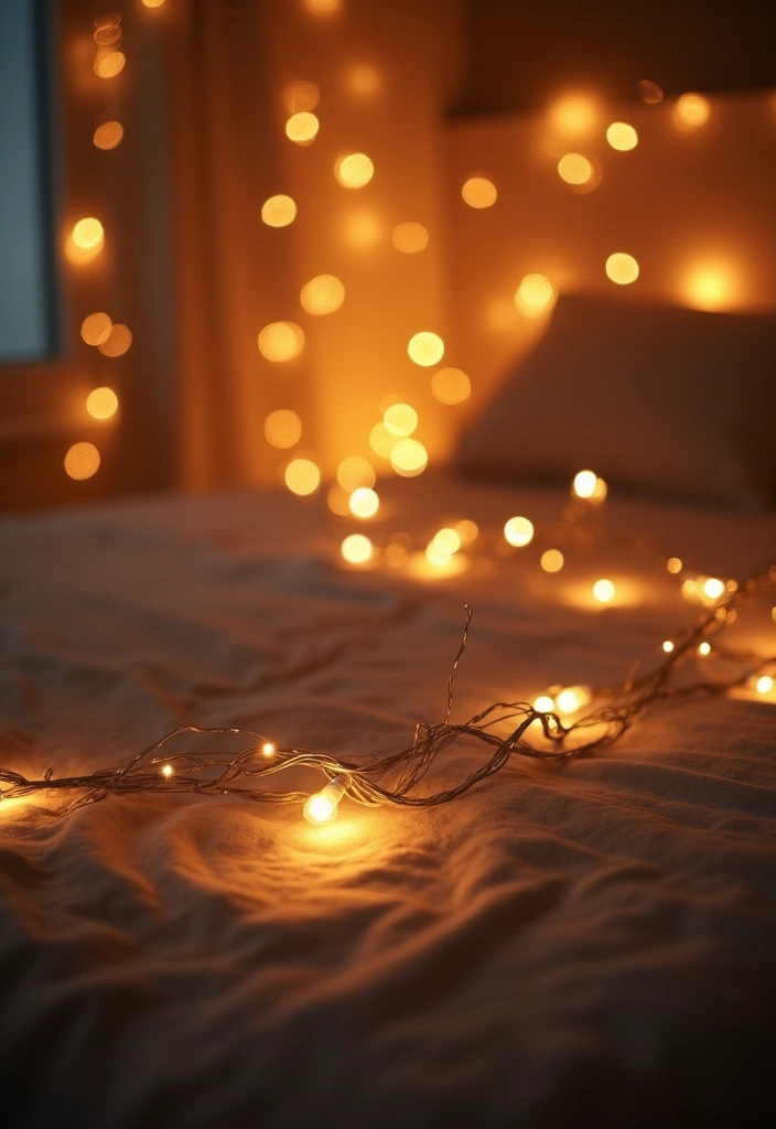 warm fairy lights draped over bed frame