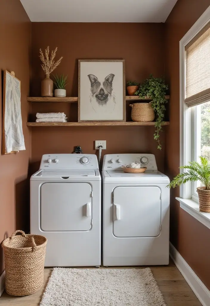 warm laundry room in earthy taupe and brown tones with wood details
