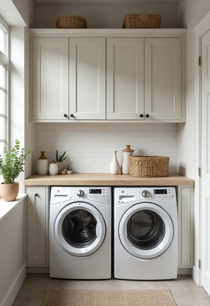 washer and dryer hidden behind sleek white cabinet doors with countertop on top