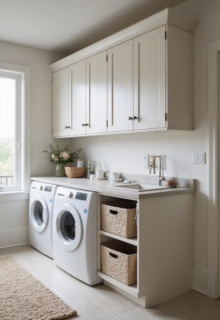 white cabinet with pull-down folding table and built-in hamper