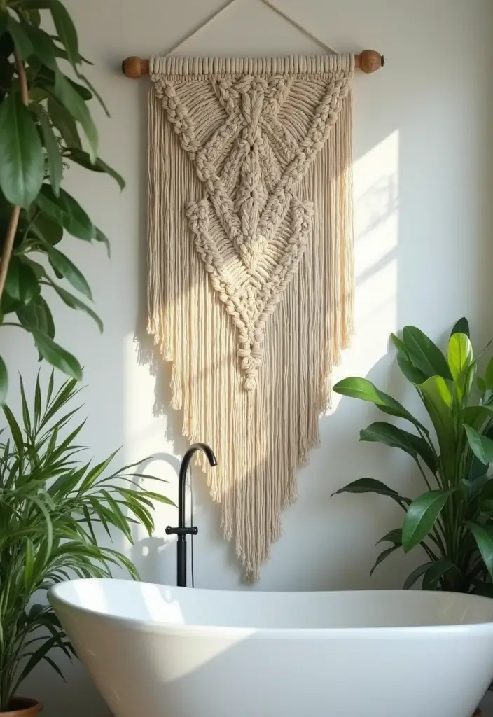white macrame wall hanging with plants in bathroom