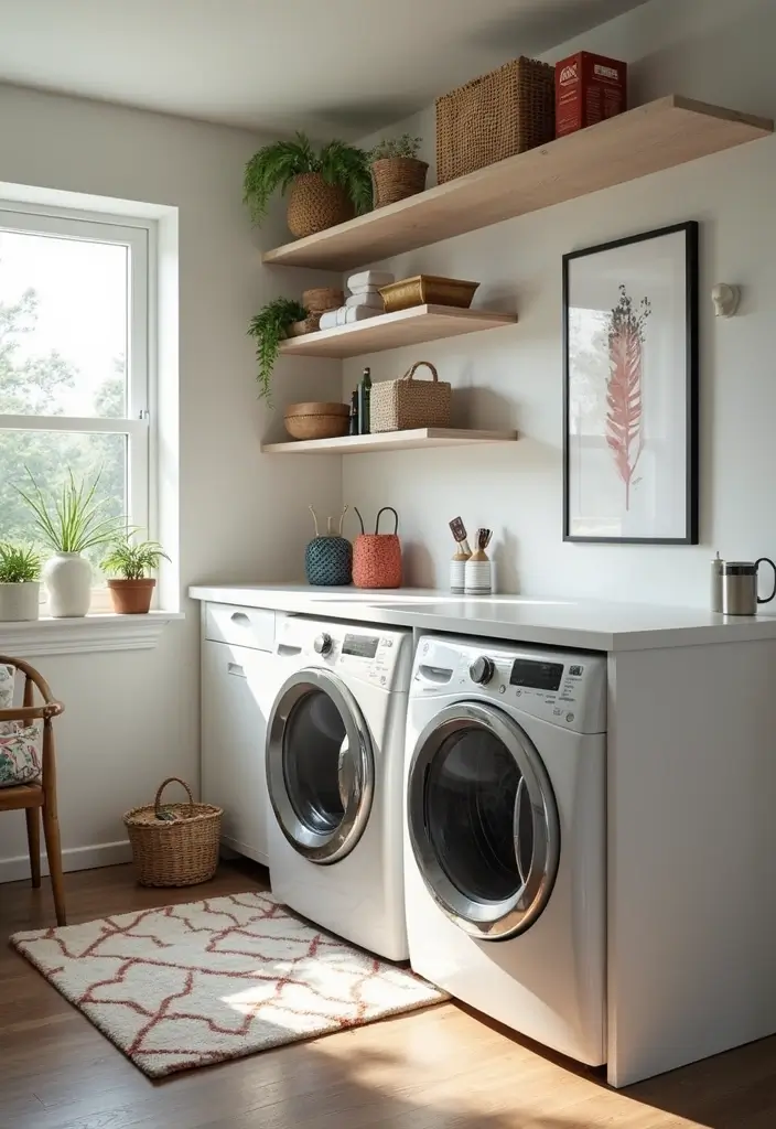 white storage bench with cushions and pull-out baskets in laundry room