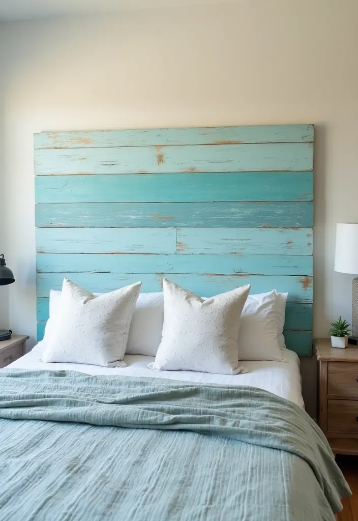 whitewashed wood headboard behind bed