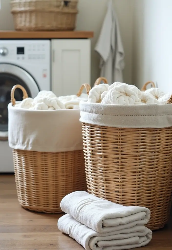 wicker and canvas laundry baskets on shelf