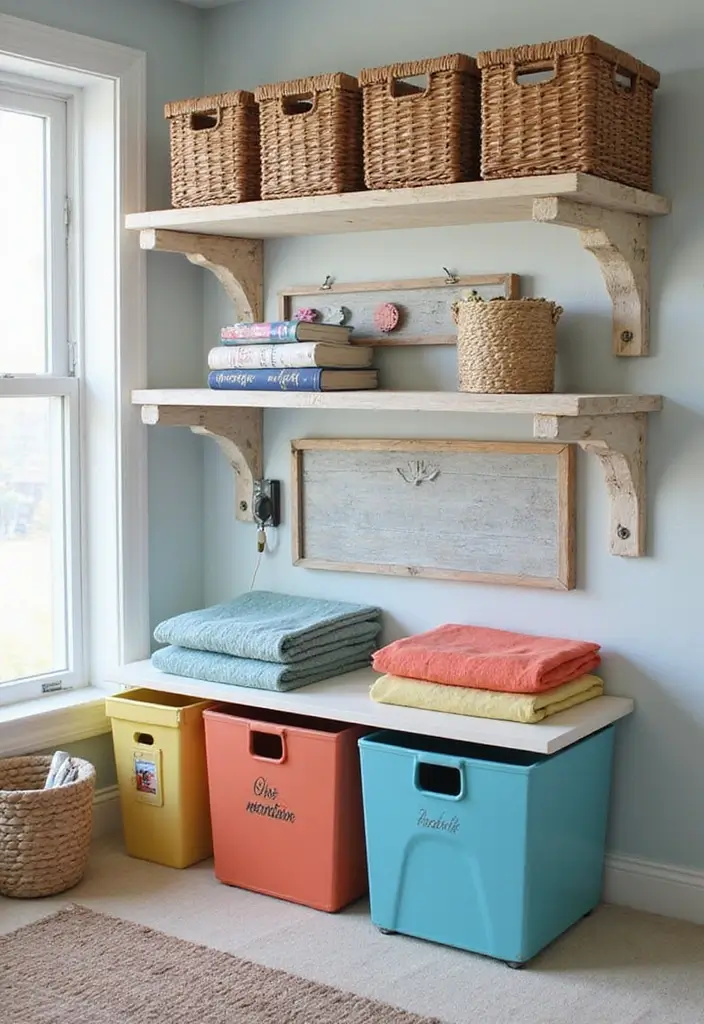 wicker baskets and driftwood shelves