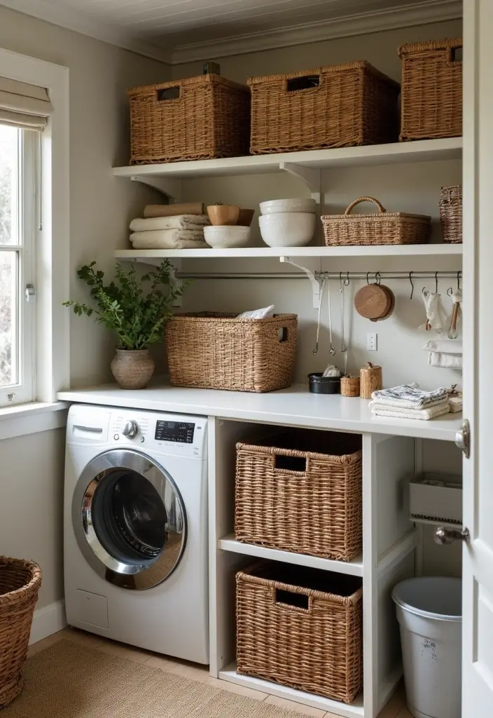 wicker baskets on open wood shelf