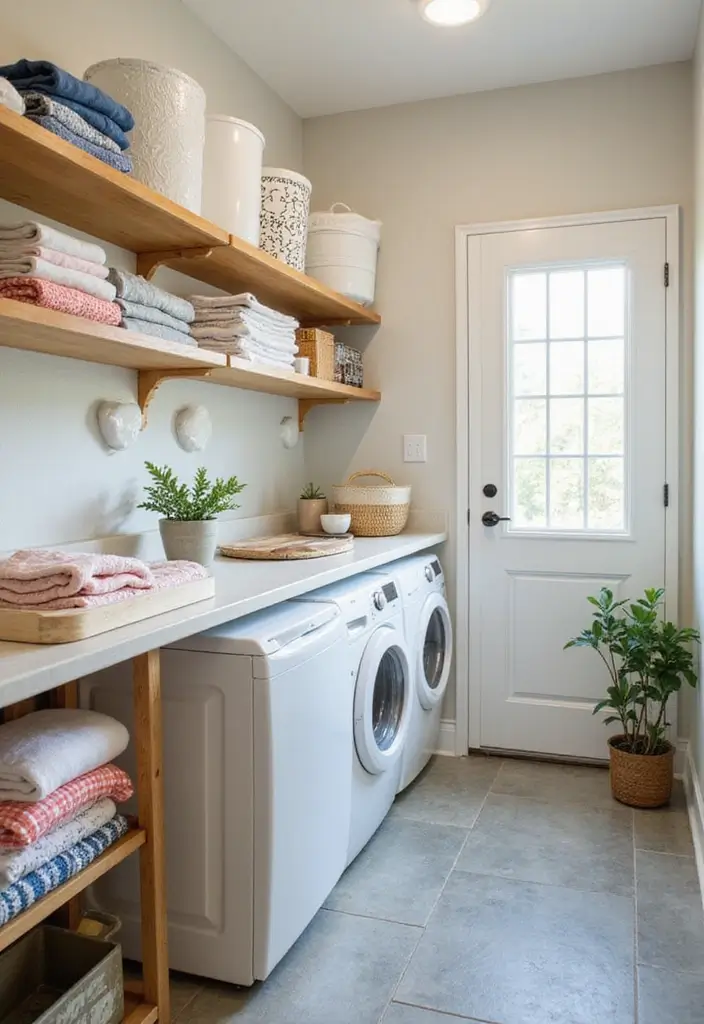 wide countertop above washer dryer with baskets underneath