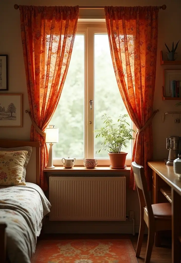 window with floral retro curtains and ties