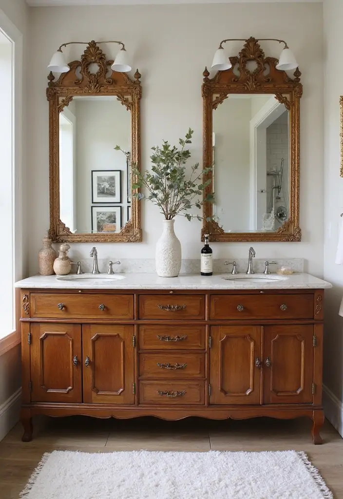 wood antique vanity with vintage mirror
