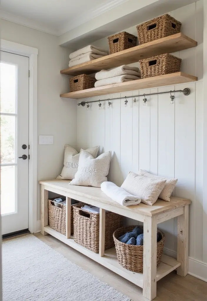 wooden bench with storage cubbies and folding countertop in laundry room