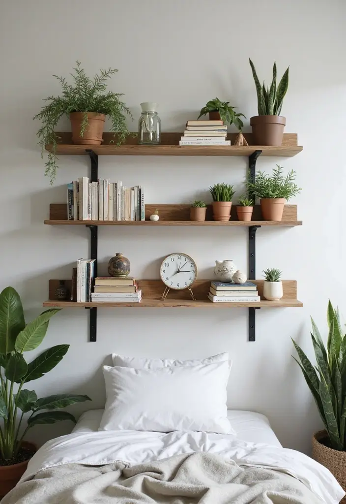 wooden floating shelves with plants, books, and baskets