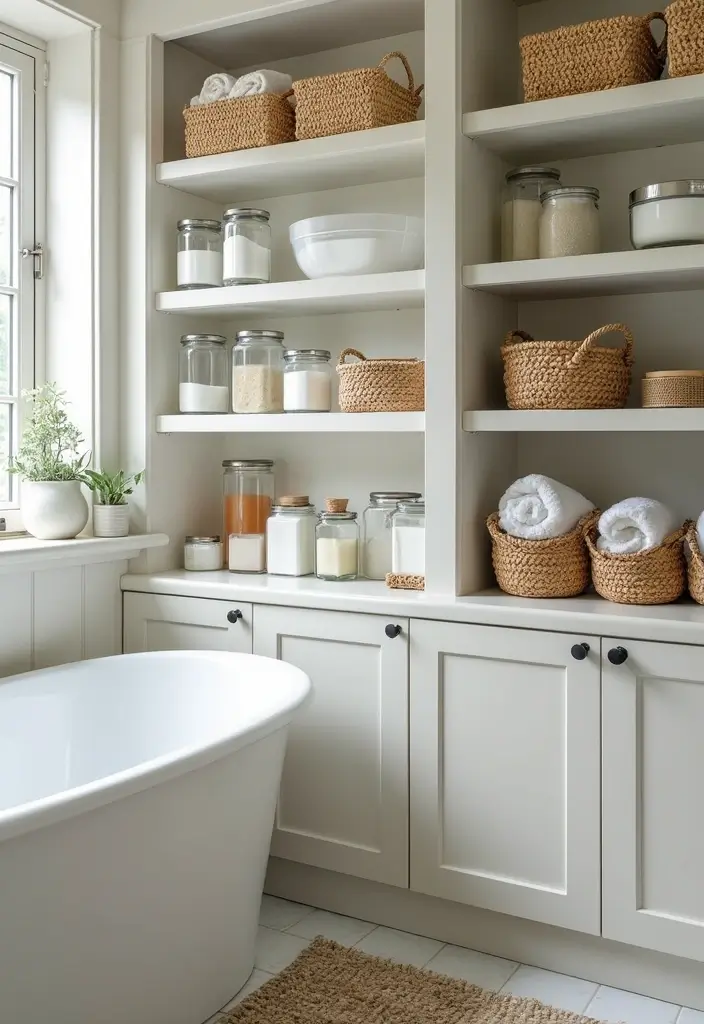 woven baskets and glass jars organizing toiletries on open shelf