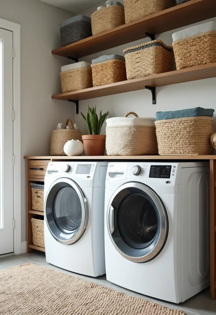woven seagrass baskets lined up on floor holding sorted laundry