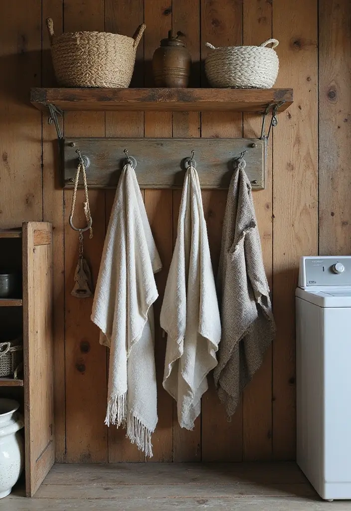 wrought iron hooks on plank wall