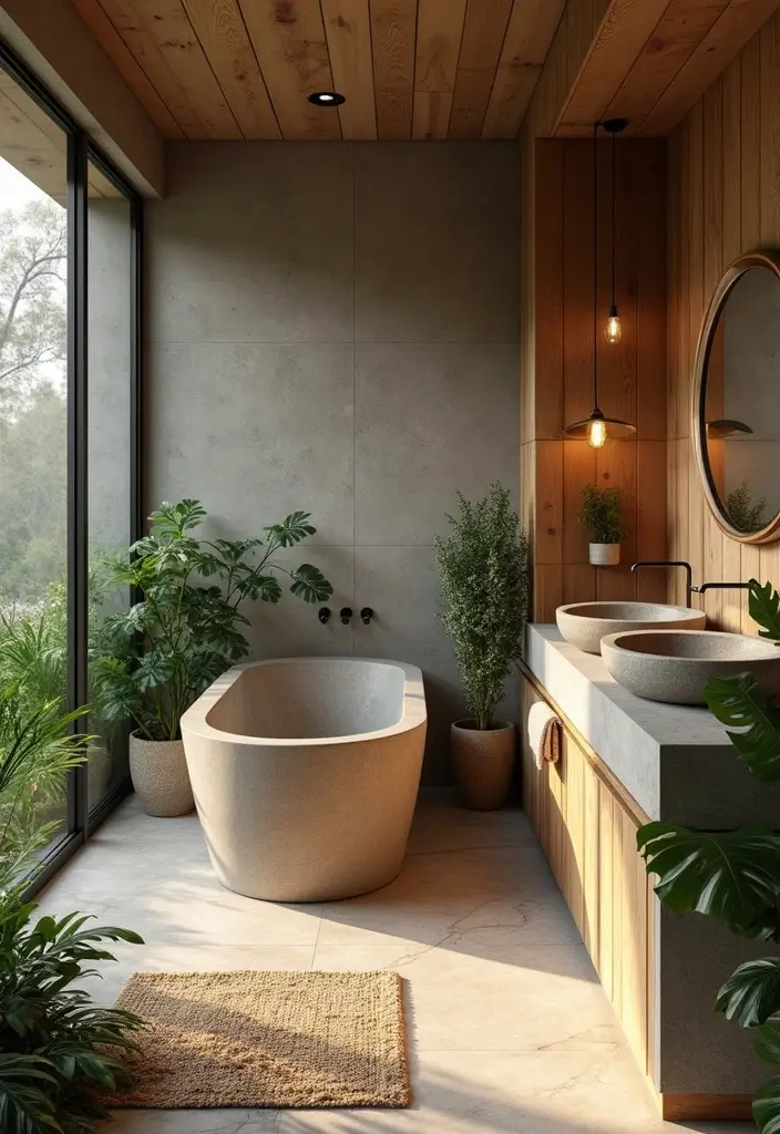 bathroom decor using natural wood and plants